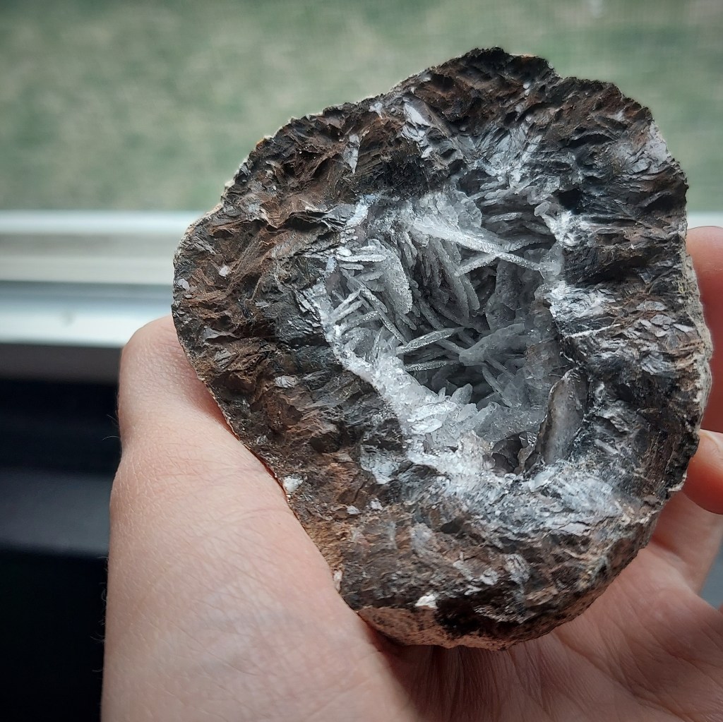 A geode made of layers of opaque brown and transparent black crystal. In the very center, there are flat blades of clear, sparkling crystal. 