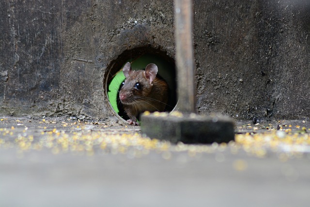 A mouse sneaks through a pipe placed in a concrete wall. His expression is alert and cautious. 
