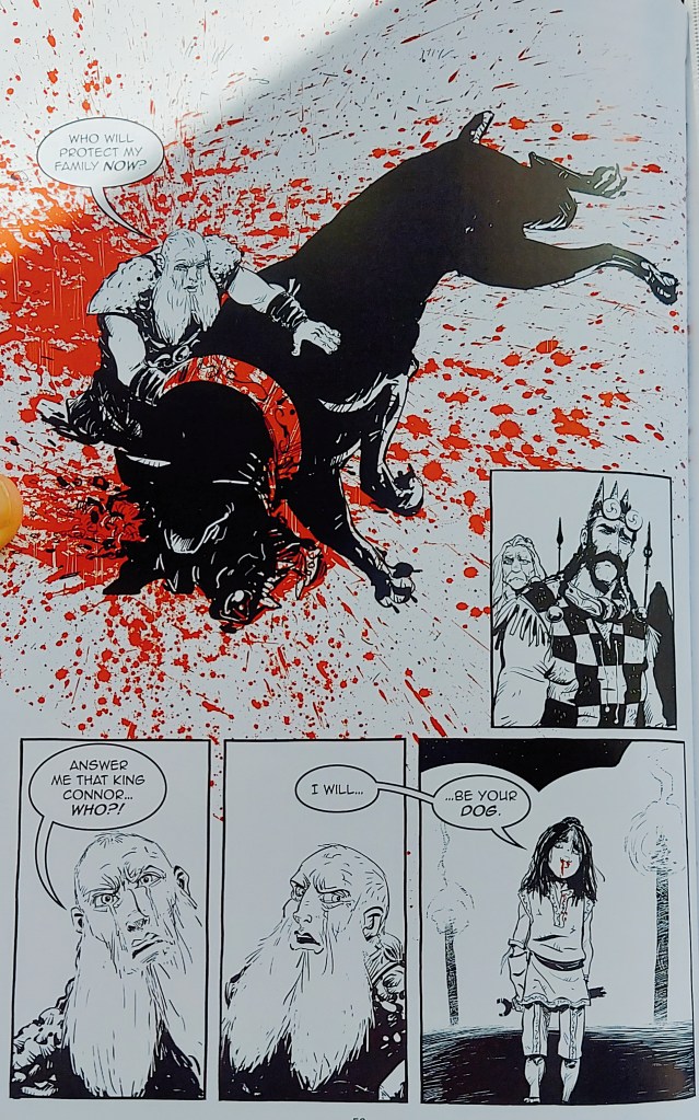 A man kneels beside the corpse of a large, savage looking dog. A text bubble says "Who will protect my family now?"
Below that, a young, not-yet-Cú Chulainn says "I will... be your dog."