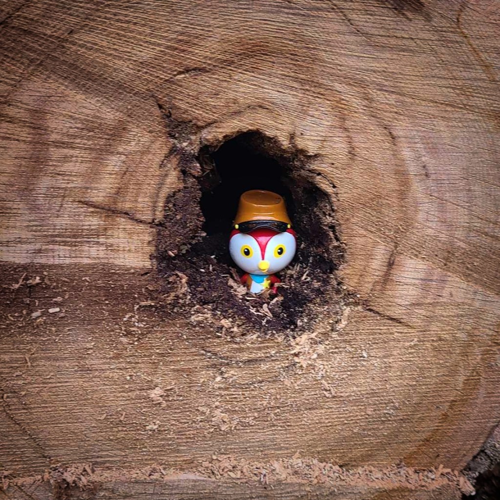 A toy red woodpecker with a brown cap, blue bandanna, and yellow sheriff's badge., tucked into a hole in a felled tree.
